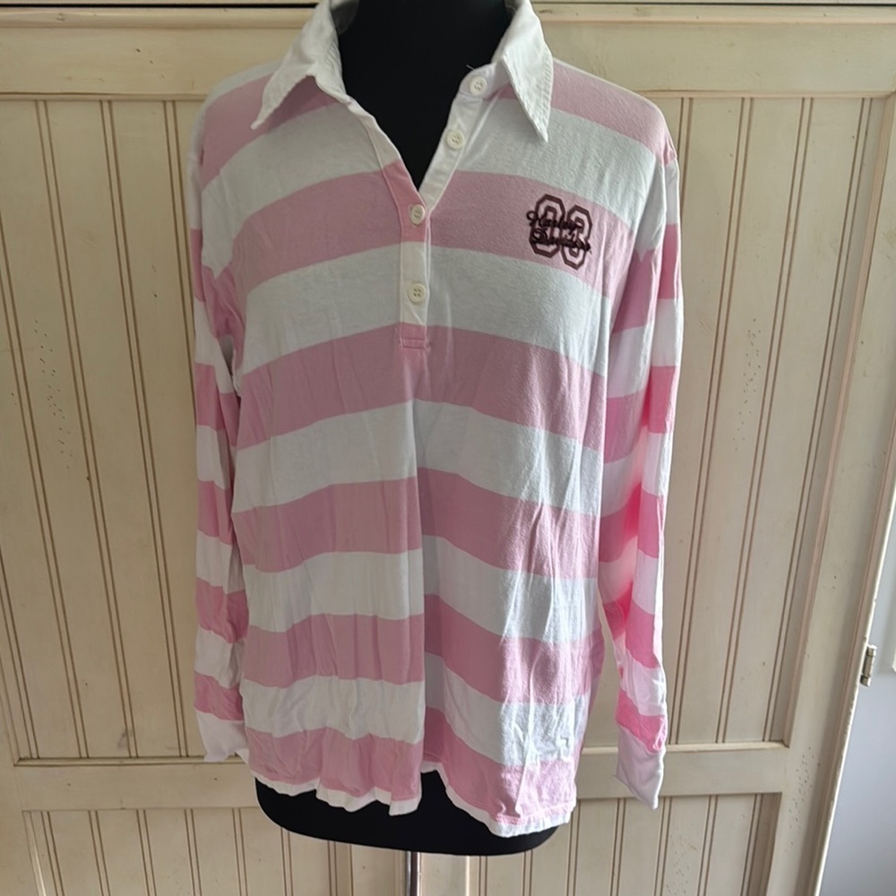 Harley-Davidson Woman’s Long  Sleeve Collard Pink and‎ White Striped Shirt